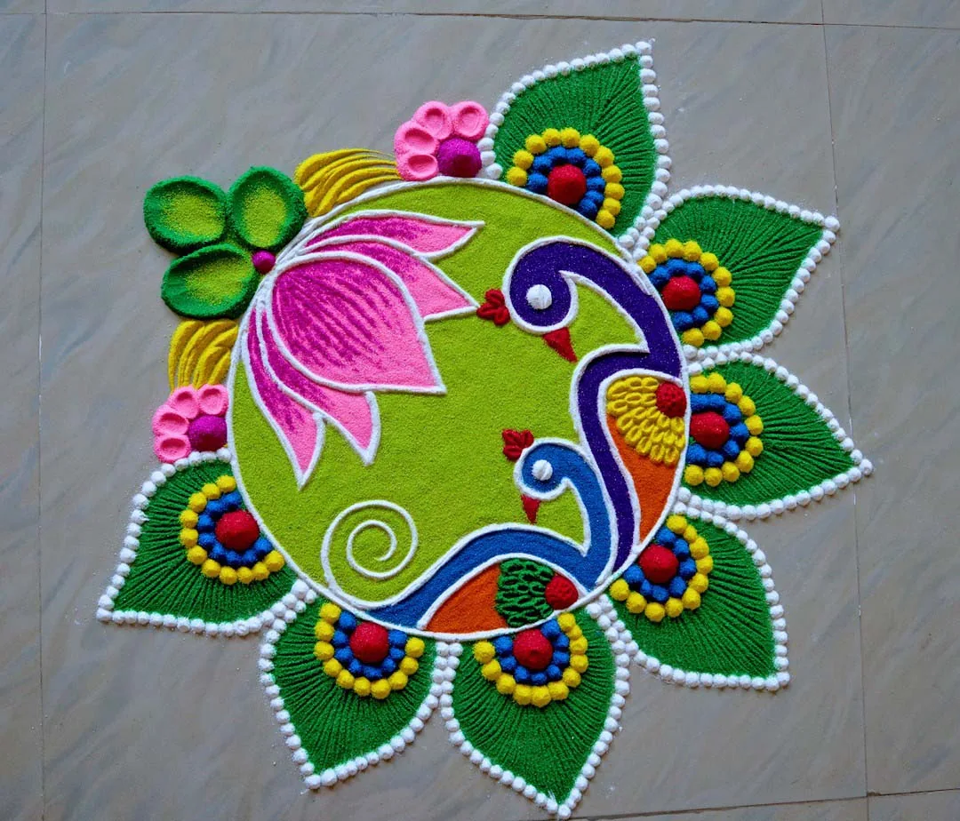 Premium Photo | Peacock Rangoli of drawing that is drawn by using rice  flour chalk or rock powder